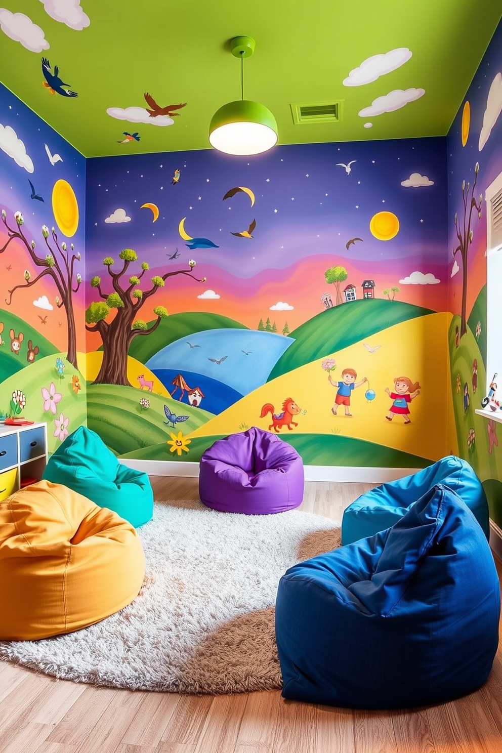 Artistic murals fill the walls of a vibrant playroom, showcasing whimsical scenes that spark creativity and joy. The space features colorful bean bags and a soft rug, inviting children to explore their imagination. Contemporary playroom design ideas emphasize open layouts with multifunctional furniture that adapts to various activities. Bright, playful colors and innovative storage solutions create an engaging environment for learning and play.