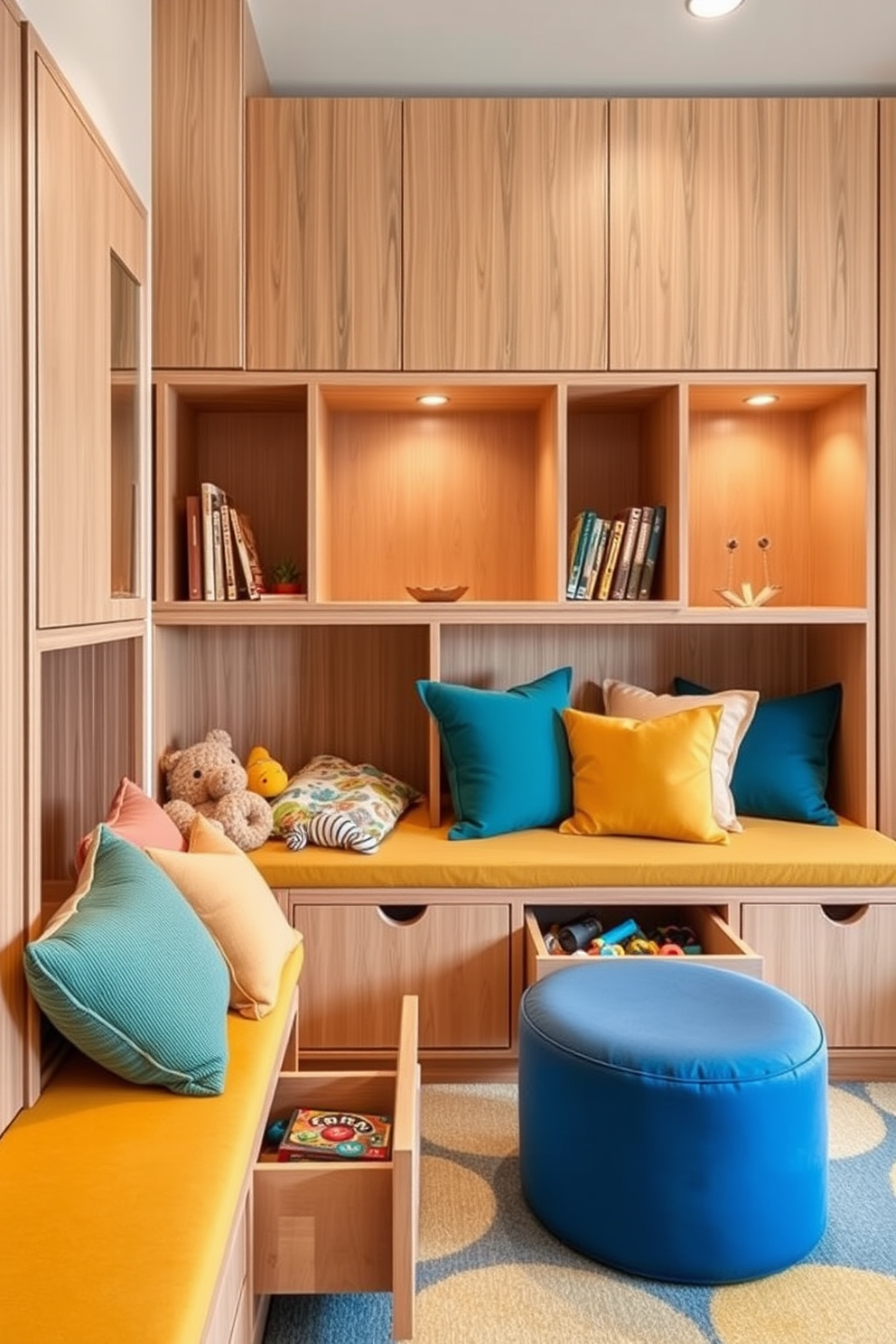 Hidden storage compartments in seating areas create a seamless blend of functionality and style. The seating features plush cushions in vibrant colors, with cleverly integrated drawers and compartments to keep toys and games organized. Contemporary playroom design ideas focus on open spaces filled with natural light. Incorporate modular furniture that can be easily rearranged to create versatile play zones for children.