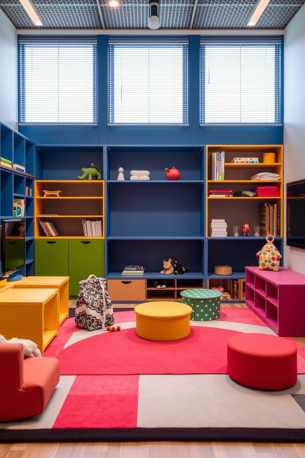 A vibrant playroom filled with colorful furniture and playful decor. In one corner, a music area features a small piano, a guitar on a stand, and a variety of percussion instruments neatly arranged on shelves. The walls are painted in cheerful hues of blue and yellow, creating an inviting atmosphere. Soft rugs cover the floor, providing a comfortable space for children to sit and play while surrounded by musical inspiration.