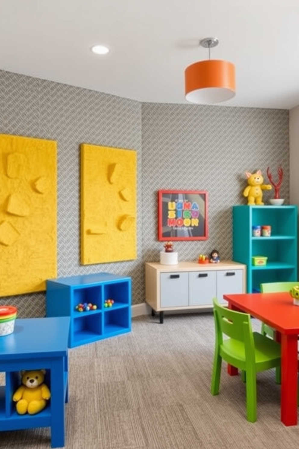 A contemporary playroom features textured wall panels that invite touch and stimulate the senses. Brightly colored furniture and playful decor create an engaging environment for children to explore and enjoy.