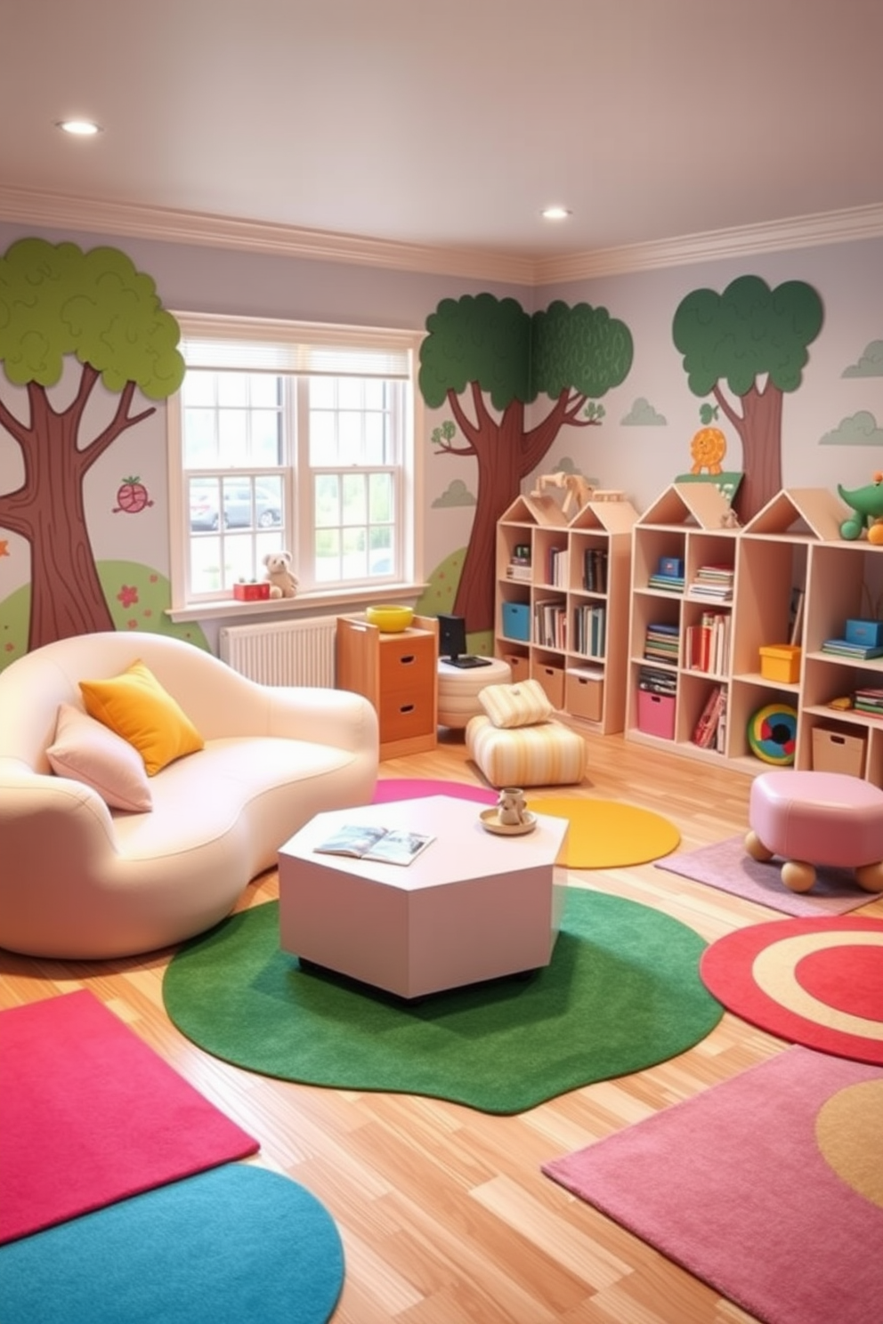 A vibrant playroom featuring furniture with unique shapes that inspire creativity and play. The room includes a whimsical, cloud-shaped sofa in soft pastel colors and a geometric coffee table that doubles as a storage unit. Brightly colored rugs define different areas for various activities, such as reading, crafting, and games. Walls adorned with playful murals and shelving units shaped like trees enhance the imaginative atmosphere of the space.