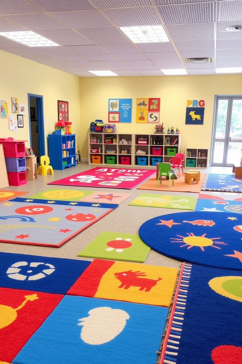 A vibrant playroom filled with colorful rugs that define distinct play areas. The rugs are patterned with playful designs, creating a cheerful atmosphere for children to explore and enjoy.