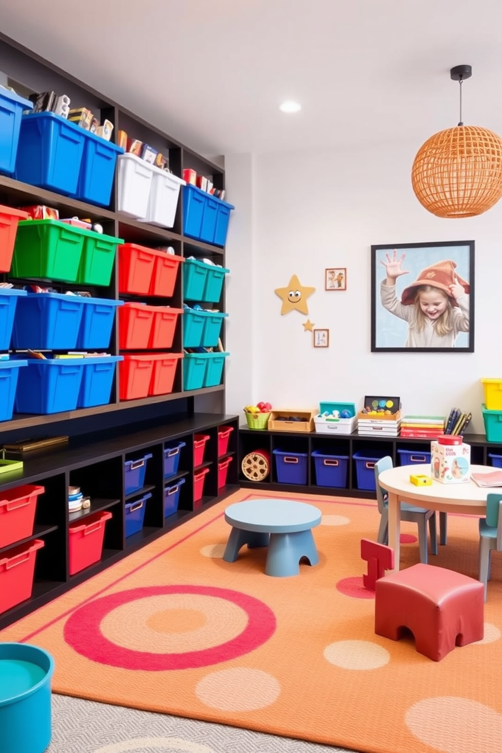 A contemporary playroom features color coordinated bins neatly arranged along the walls for organized playtime. The room is filled with playful furniture and vibrant decor that encourages creativity and fun.