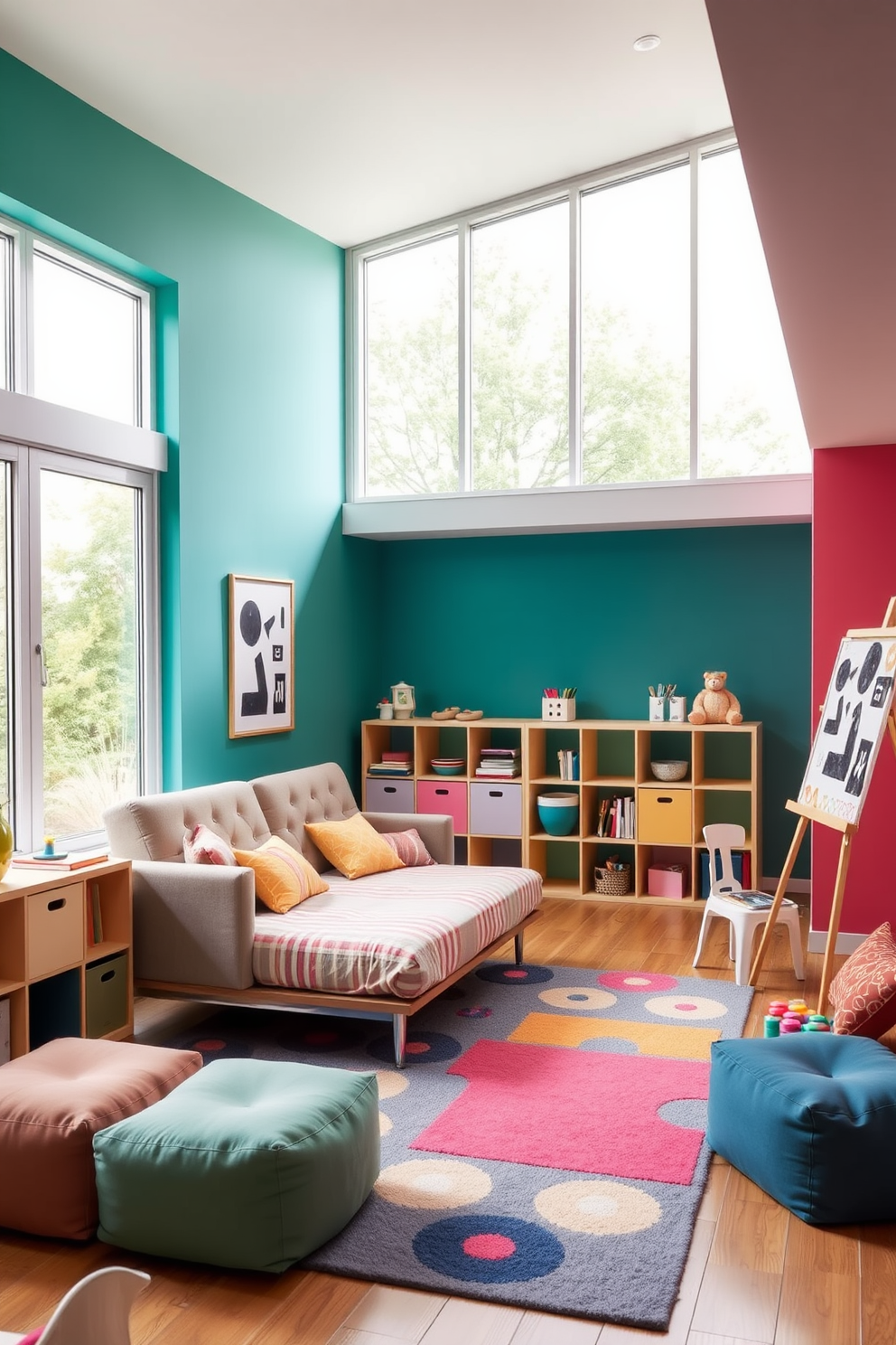 A vibrant playroom features an interactive chalkboard wall that encourages creativity and self-expression. The space is filled with colorful furniture, including bean bags and a low table for art projects.