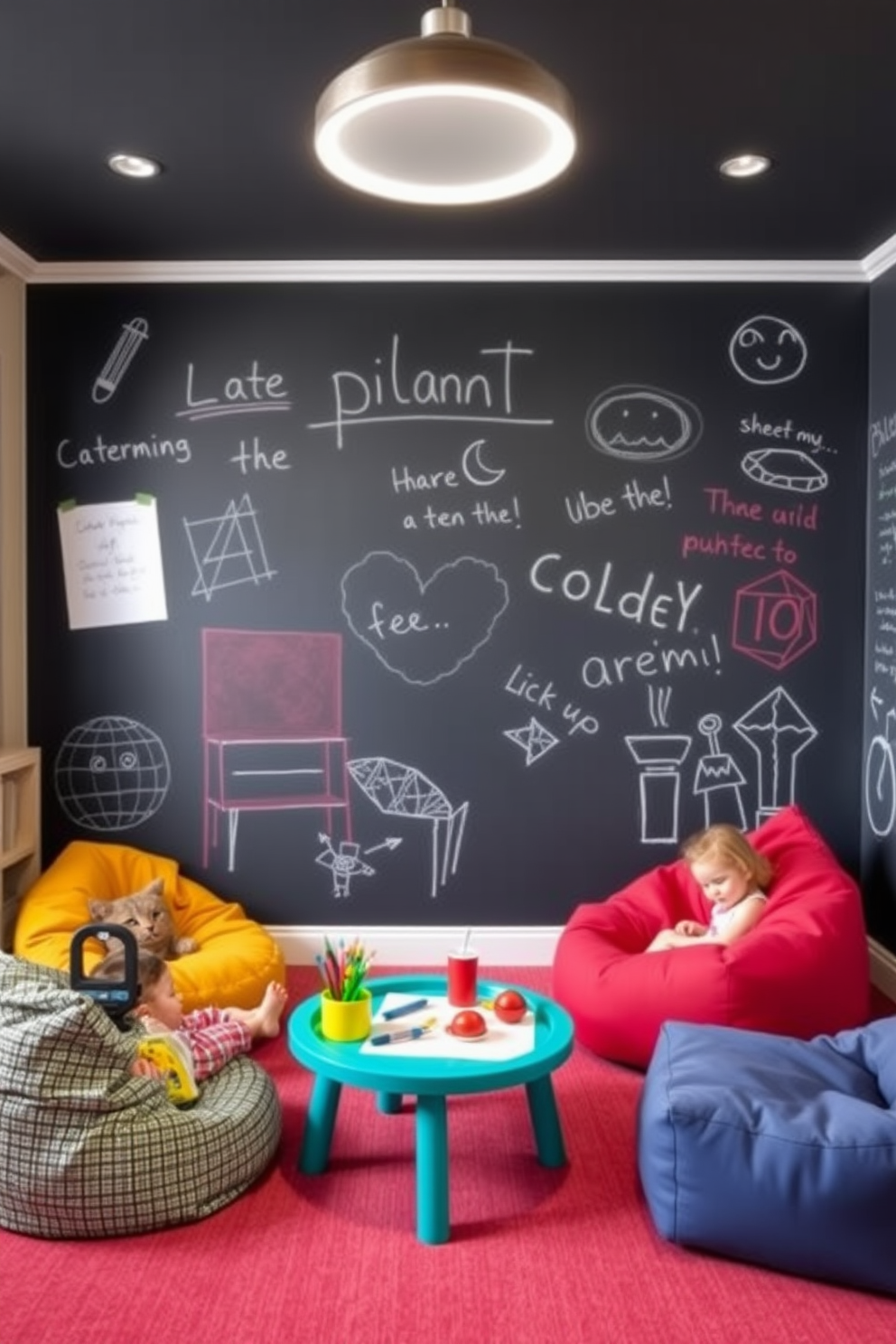 A contemporary playroom features an interactive chalkboard wall that encourages creativity and allows children to express themselves freely. The space is filled with colorful furniture, including bean bags and a low table for art projects, creating an inviting atmosphere for play and learning.