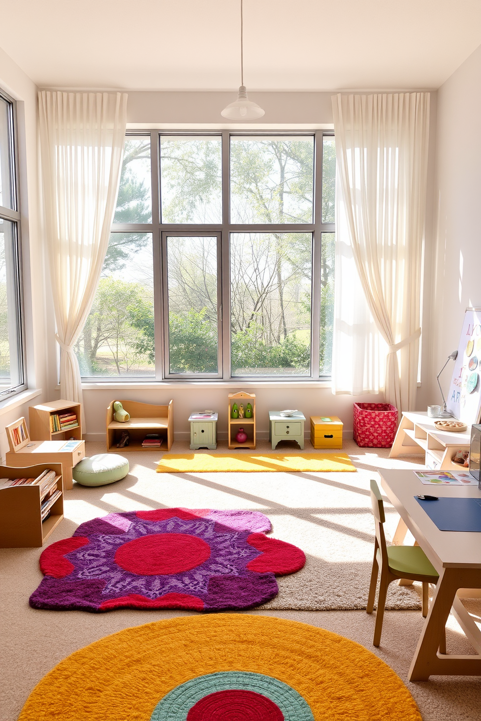 A bright and airy playroom filled with natural light streaming through large windows adorned with soft, flowing curtains. The space features colorful, plush rugs and a variety of playful furniture pieces, including a cozy reading nook and an art station for creative activities.