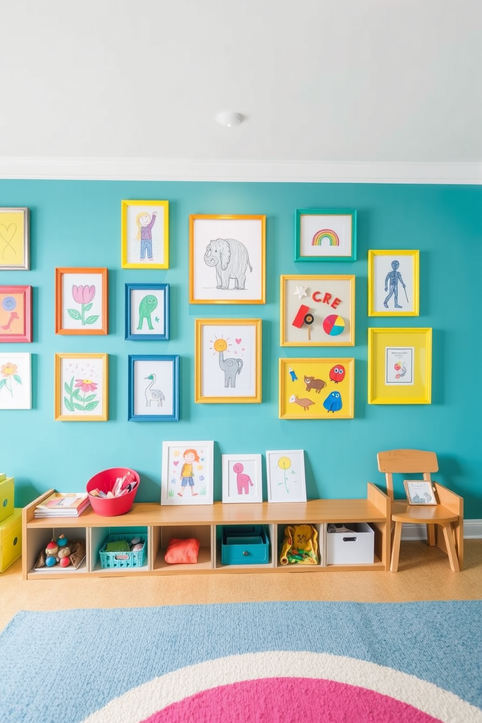 A vibrant art display wall showcases children's creations in a contemporary playroom. The wall is painted in a bright color, adorned with various frames that hold colorful drawings and crafts, creating an inspiring and playful atmosphere.