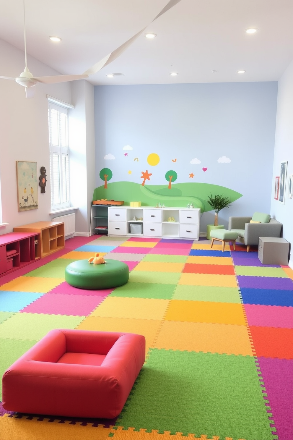 A vibrant playroom filled with colorful furniture and interactive zones. Soft rugs define different areas for play, reading, and creativity, with a chalkboard wall for artistic expression. The walls are painted in cheerful pastel colors, creating an inviting atmosphere. Storage solutions are integrated seamlessly, with bins and shelves that keep toys organized and accessible.