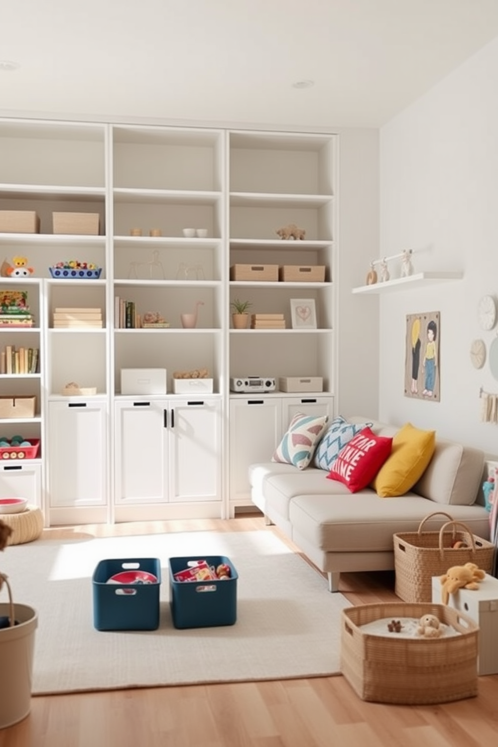 A contemporary playroom features wall-mounted storage solutions that maximize space and promote organization. Brightly colored bins and shelves are arranged neatly, providing easy access to toys and books while keeping the area tidy. The room is filled with playful elements, including a soft area rug and comfortable seating for children. Natural light streams in through large windows, creating an inviting atmosphere for creativity and fun.