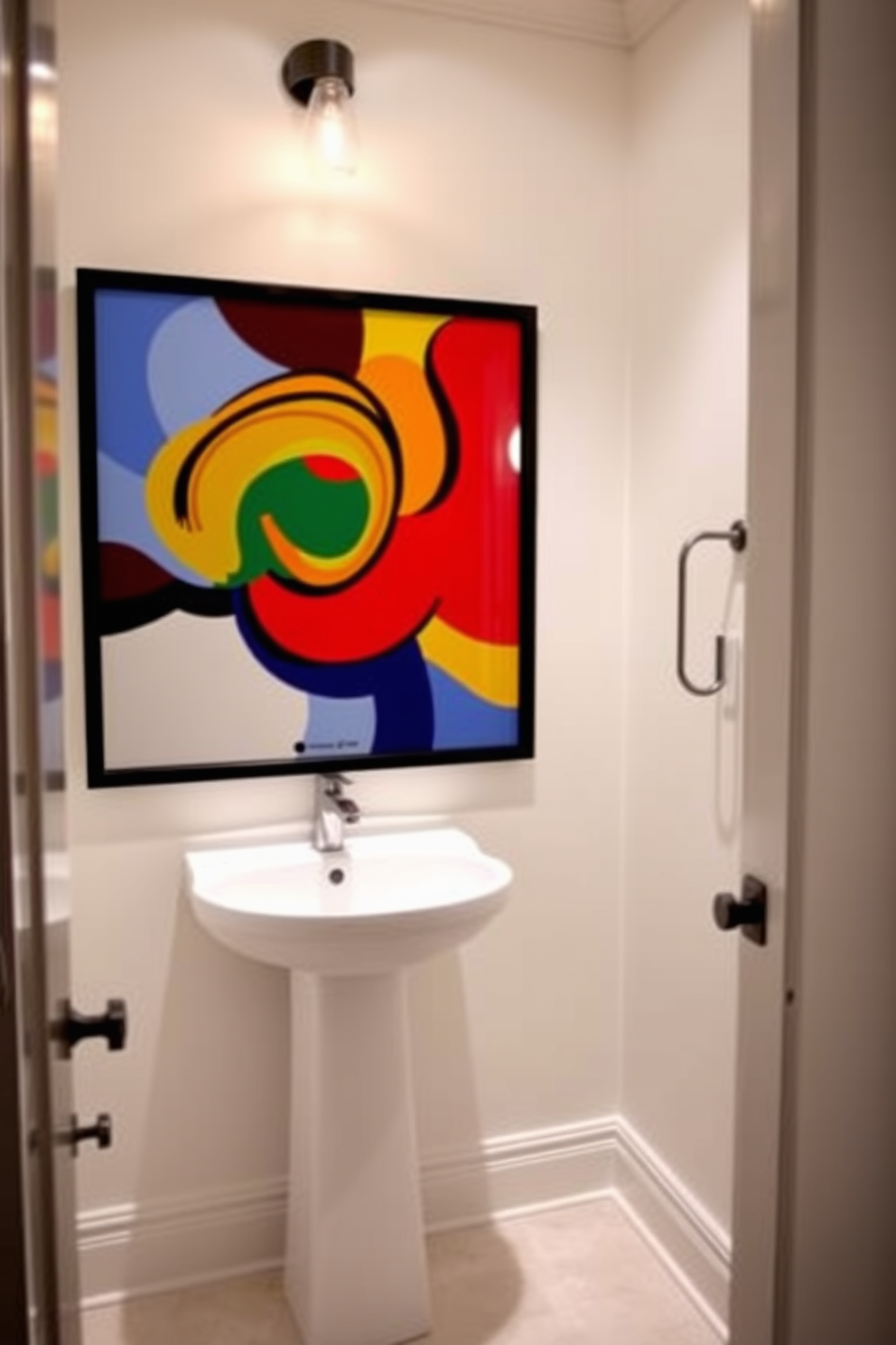 A contemporary powder room featuring bold artwork that captivates the eye. The walls are painted in a crisp white, allowing the vibrant artwork to stand out as a focal point. The space includes a sleek pedestal sink with a modern faucet and a minimalist mirror above it. A stylish light fixture casts a warm glow, enhancing the overall ambiance of the small area.