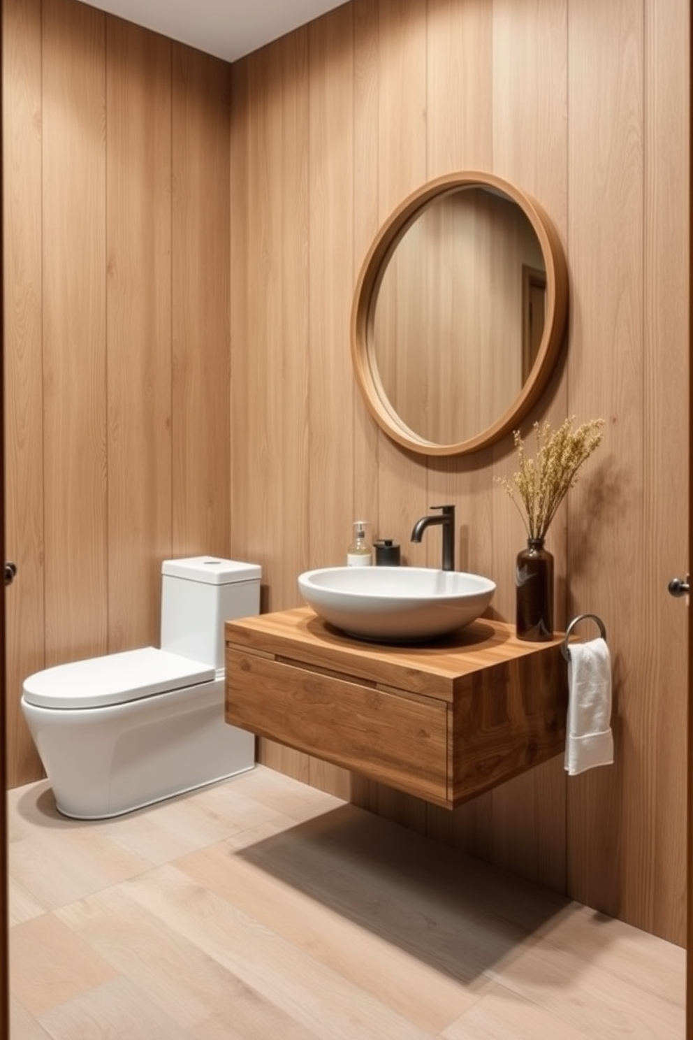 Natural wood accents bring warmth and charm to a contemporary powder room. Imagine a sleek, minimalist space featuring a floating wooden vanity with a smooth stone sink and stylish fixtures. The walls are adorned with textured wood paneling, creating a cozy atmosphere. A large round mirror with a wooden frame reflects soft lighting, enhancing the inviting feel of the room.