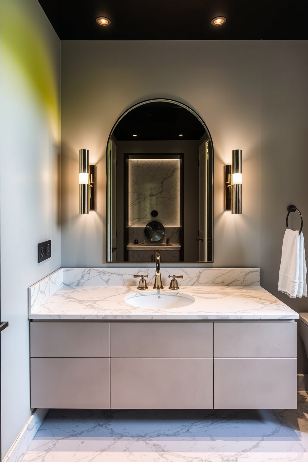 A contemporary powder room features layered lighting elements that create a warm and inviting atmosphere. Recessed ceiling lights provide general illumination while stylish wall sconces add a touch of elegance beside the mirror. The color palette combines soft neutrals with bold accents to enhance the modern aesthetic. A sleek floating vanity with a striking vessel sink serves as the focal point of the space, complemented by decorative accessories that reflect personal style.