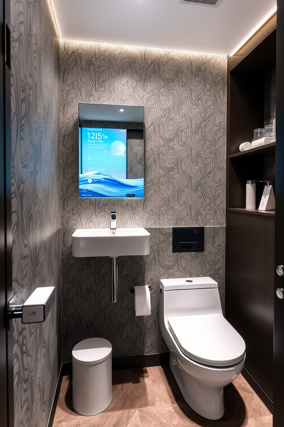 A contemporary powder room featuring integrated smart technology for modern convenience. The space includes a sleek wall-mounted sink with touchless faucets and a smart mirror that displays weather and news updates. The walls are adorned with elegant wallpaper, and the lighting is adjustable via a smartphone app. A minimalist shelving unit holds stylish accessories, while a smart toilet enhances comfort and efficiency.