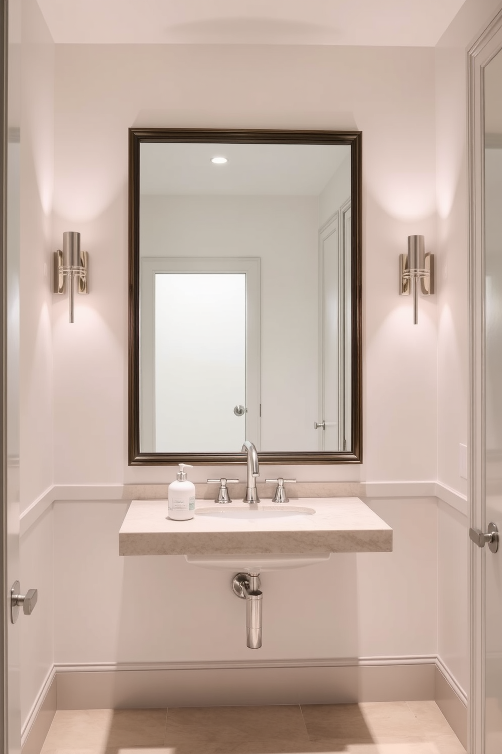 A contemporary powder room features stylish sconces flanking a large rectangular mirror. The walls are adorned with a soft pastel hue, and the flooring is a sleek, polished stone.