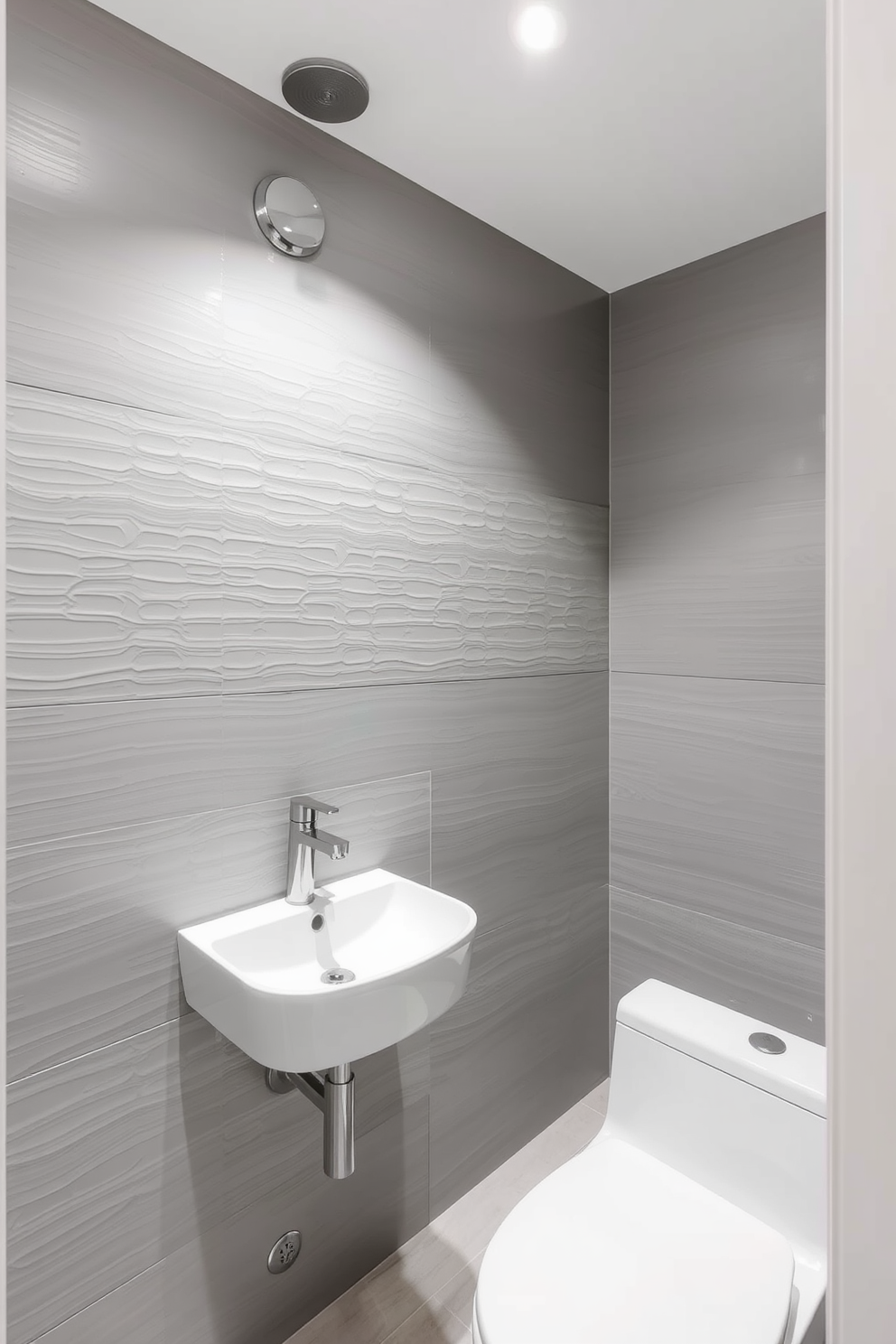 Textured wall panels create a stunning focal point in a contemporary powder room. The panels are finished in a soft gray tone, complementing sleek fixtures and a minimalist sink design.