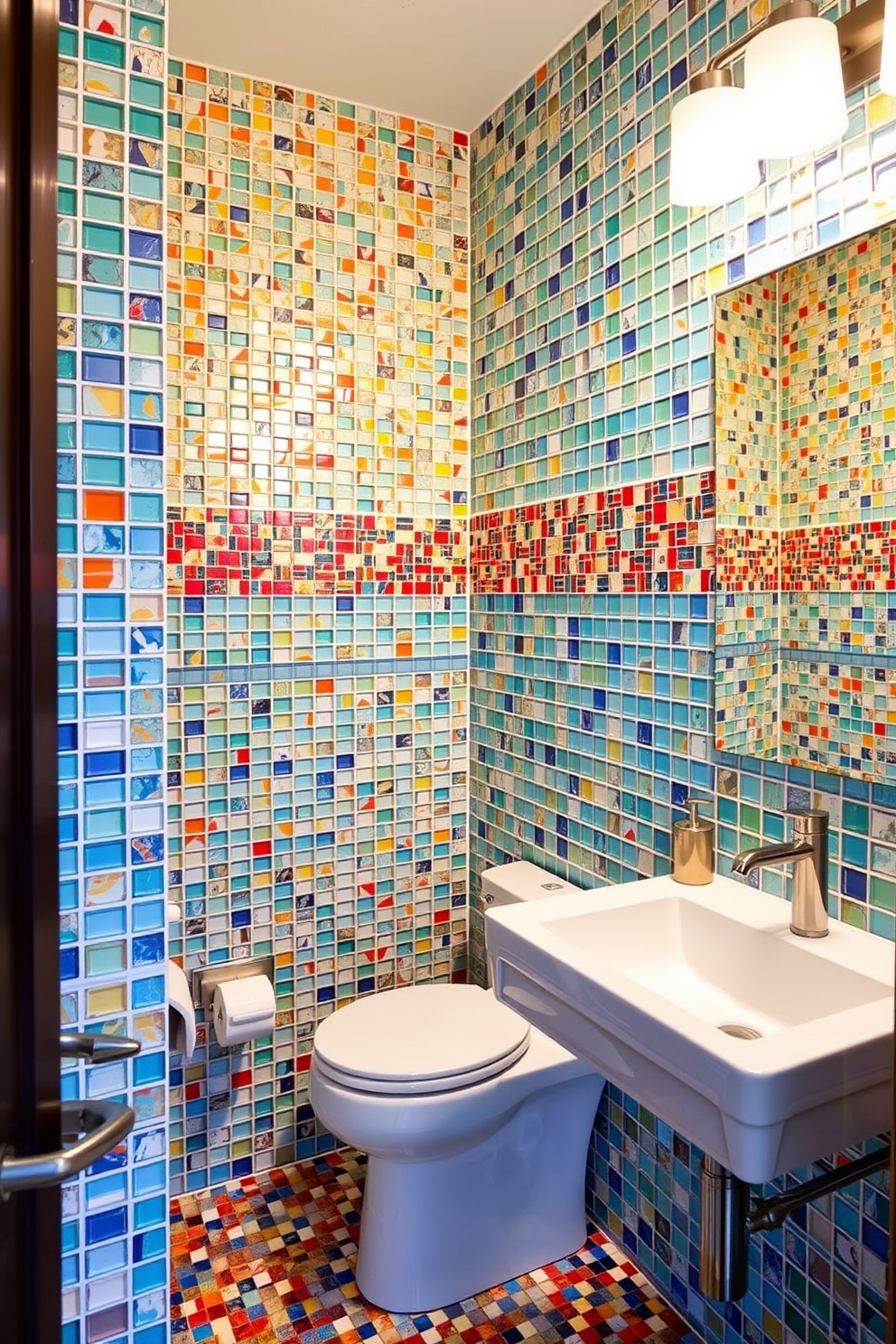 A contemporary powder room featuring colorful mosaic tiles that add a playful touch to the space. The walls are adorned with vibrant patterns, while sleek fixtures in brushed nickel complement the lively design.