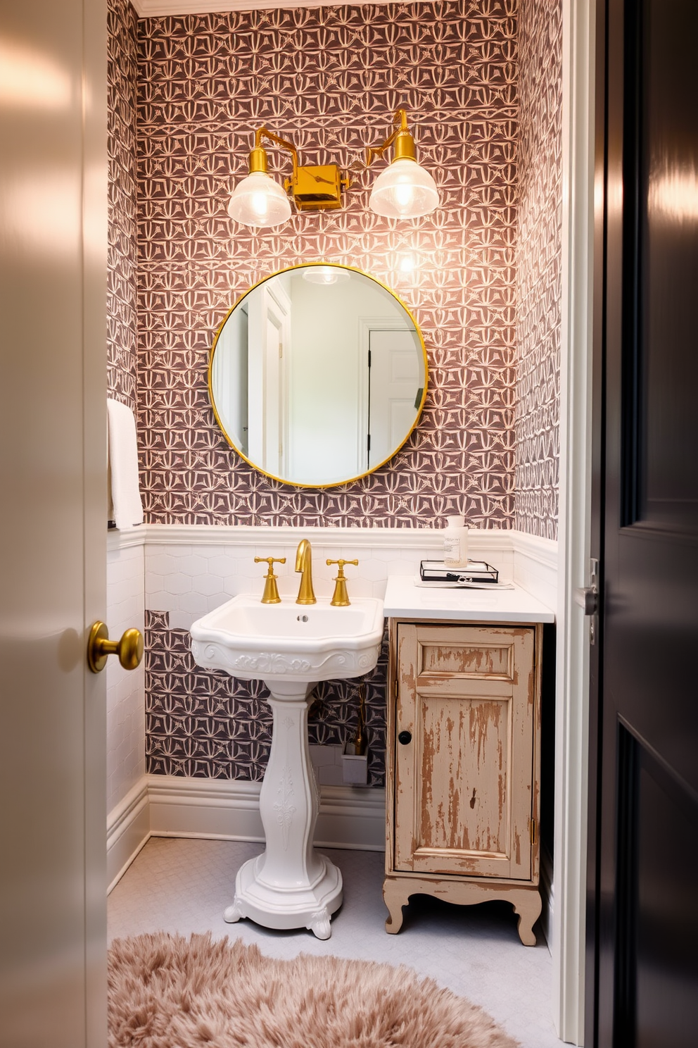 A chic powder room featuring a vintage pedestal sink with intricate detailing paired with modern brass fixtures. The walls are adorned with a bold geometric wallpaper, while a sleek round mirror reflects the stylish ambiance. A distressed wooden cabinet adds character, complemented by contemporary lighting fixtures that provide a warm glow. The floor is laid with elegant hexagonal tiles, and a plush rug in muted tones enhances the cozy atmosphere.