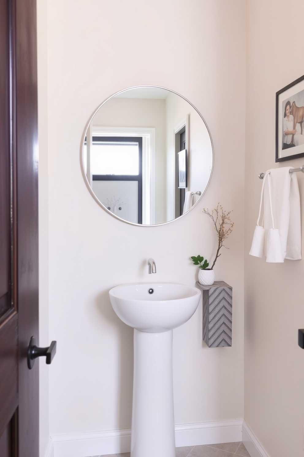 An oversized mirror with a unique ornate frame serves as the focal point of the contemporary powder room. The walls are adorned with sleek, textured wallpaper in a soft neutral tone, creating a sophisticated backdrop for the stylish fixtures. A modern floating vanity with a minimalist design complements the mirror, featuring a vessel sink and brushed gold hardware. Ambient lighting highlights the mirror and enhances the room's spacious feel, while carefully selected decor adds a touch of elegance.