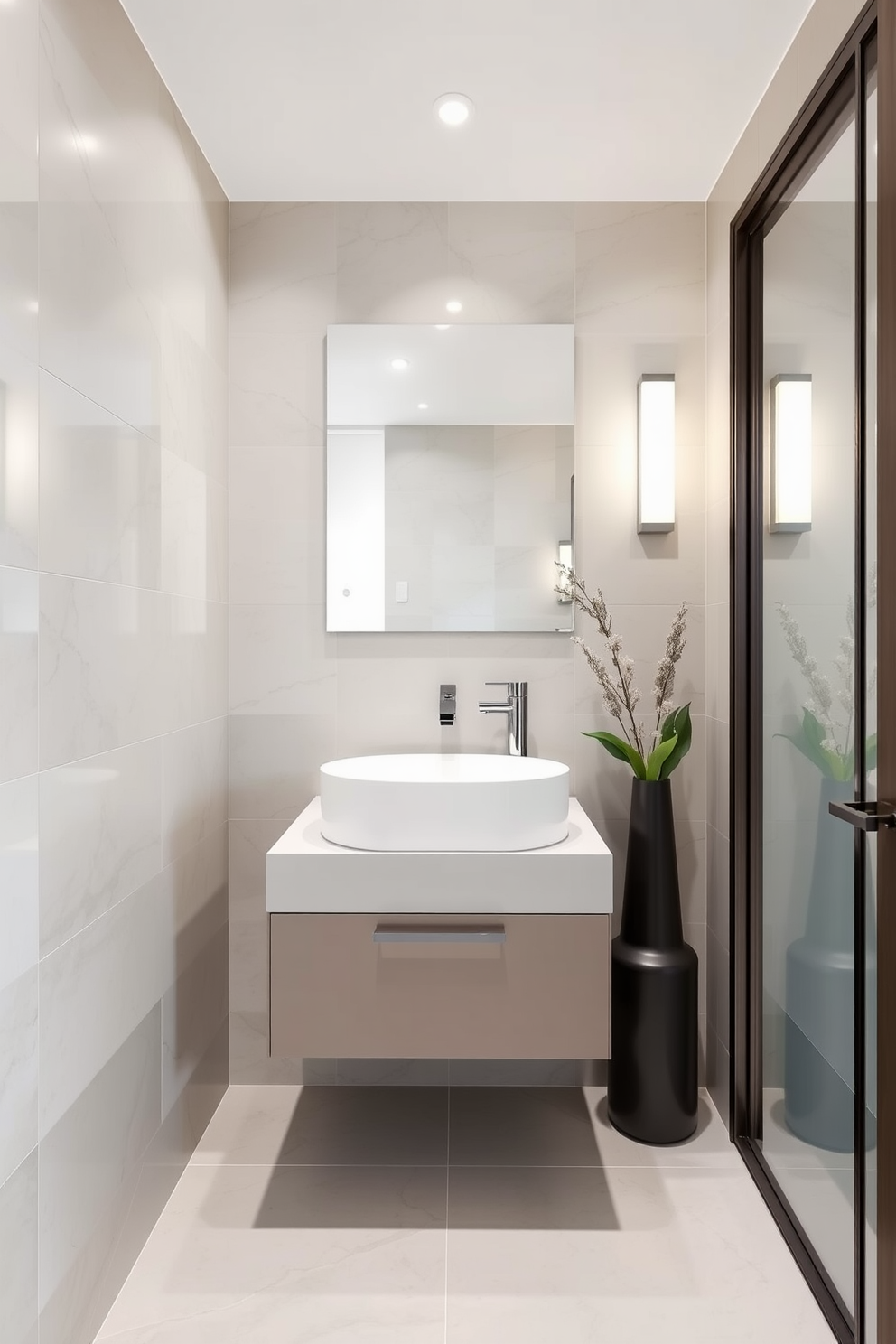 A contemporary powder room featuring large-format tiles that create a seamless and elegant look. The walls are adorned with sleek tiles in a neutral tone, complemented by a stylish floating vanity with a modern sink.