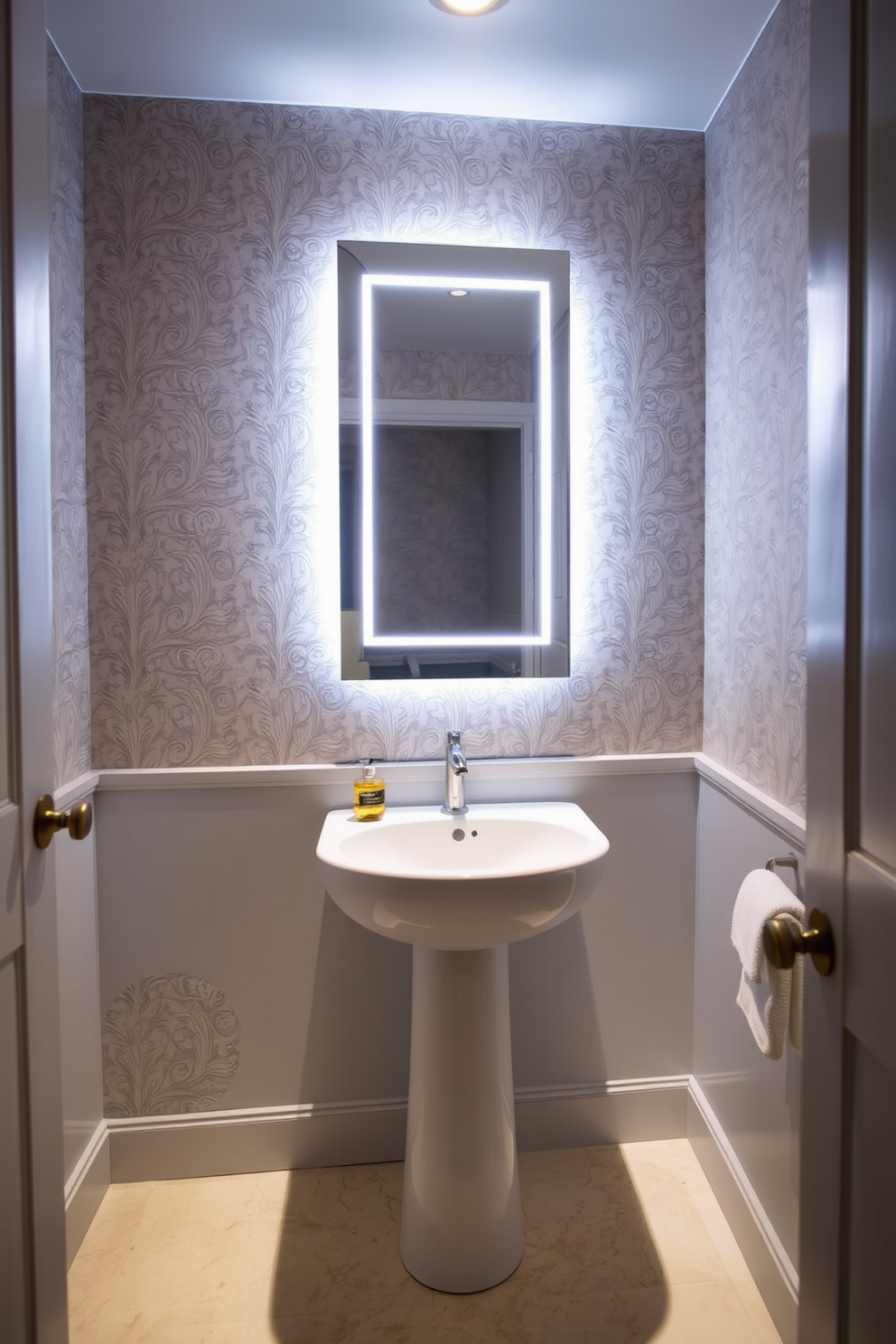 A contemporary powder room featuring soft ambient lighting that creates an inviting atmosphere. The walls are adorned with elegant wallpaper in muted tones, and a sleek pedestal sink is complemented by a stylish mirror with integrated lighting.