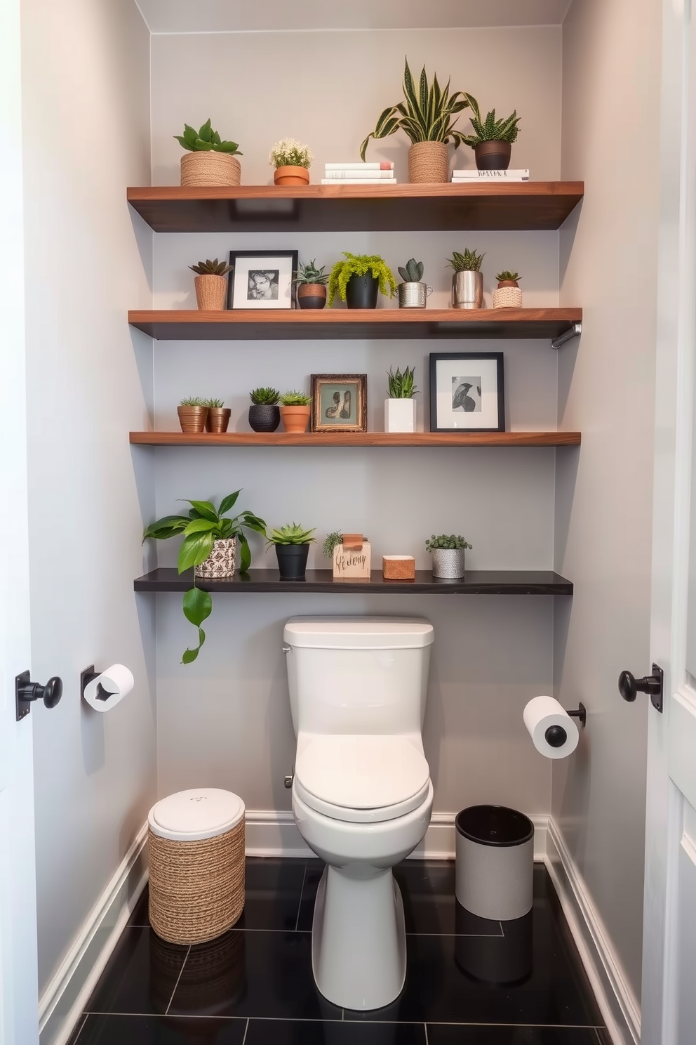 A contemporary powder room features floating shelves that showcase an array of decorative items including plants and art pieces. The walls are painted in a soft gray, while the flooring is a sleek black tile that adds a modern touch to the space.