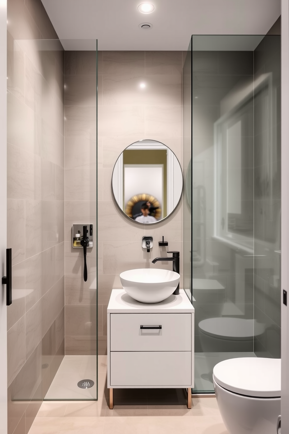 A contemporary powder room features a frameless glass shower that enhances the sense of spaciousness. The walls are adorned with sleek tiles in soft neutral tones, and a minimalist vanity with a stylish vessel sink complements the modern design.