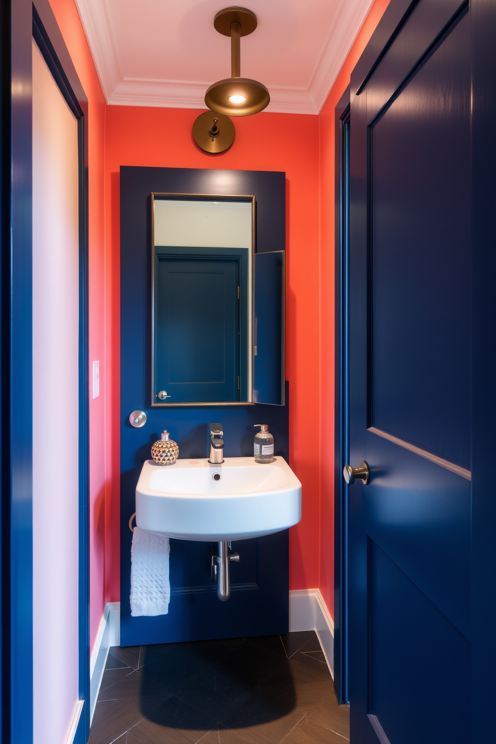 A contemporary powder room featuring a bold color door that serves as a striking focal point. The space is adorned with sleek fixtures and modern accents, creating a vibrant yet sophisticated atmosphere.