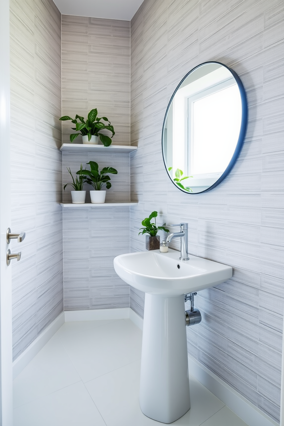 A contemporary powder room featuring sleek lines and modern fixtures. The walls are adorned with a soft pastel color, complemented by a floating vanity with a minimalist design. Large potted plants are strategically placed to add a touch of greenery and freshness. A round mirror with a simple frame hangs above the vanity, enhancing the room's spacious feel.