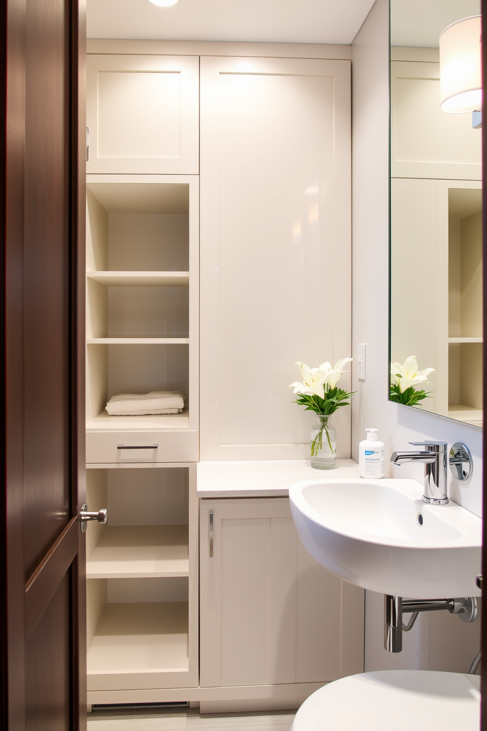 A seamless shower integration creates an elegant focal point in a contemporary powder room. The shower features clear glass panels and sleek fixtures, allowing natural light to flow throughout the space. The walls are adorned with textured tiles in soft neutral tones, enhancing the room's sophistication. A minimalist floating vanity with a chic vessel sink complements the overall design, while stylish lighting fixtures add a touch of glamour.