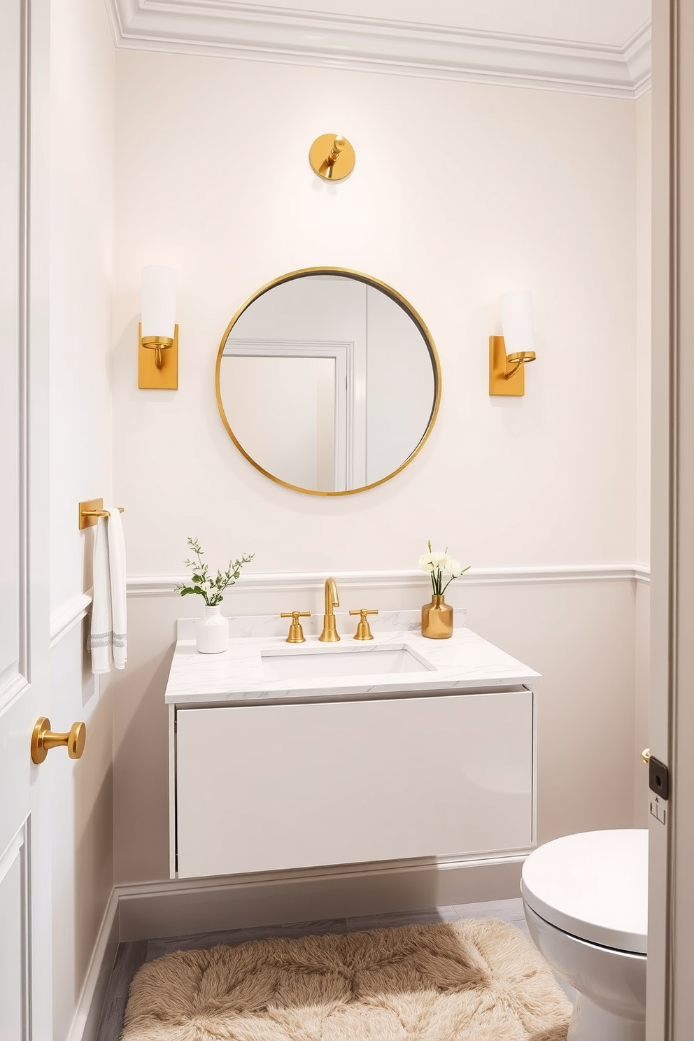 A contemporary powder room featuring elegant gold fixtures that exude luxe appeal. The walls are adorned with a soft pastel hue, complemented by a sleek floating vanity with a white marble top. Stylish sconces with gold accents illuminate the space, casting a warm glow. A chic round mirror with a gold frame reflects the sophisticated design, while a plush rug adds comfort underfoot.