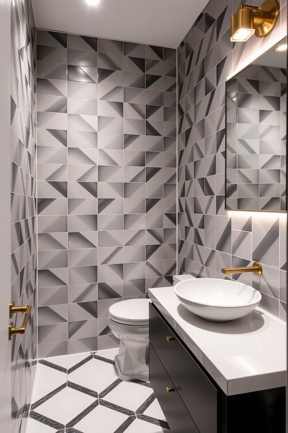 A contemporary powder room features striking geometric tile patterns that create a dramatic visual impact. The walls are adorned with bold, angular tiles in a monochromatic palette, enhancing the modern aesthetic of the space. The sleek vanity showcases a minimalist design with a vessel sink and brushed brass fixtures. Ambient lighting highlights the unique tile patterns, creating an inviting and stylish atmosphere.