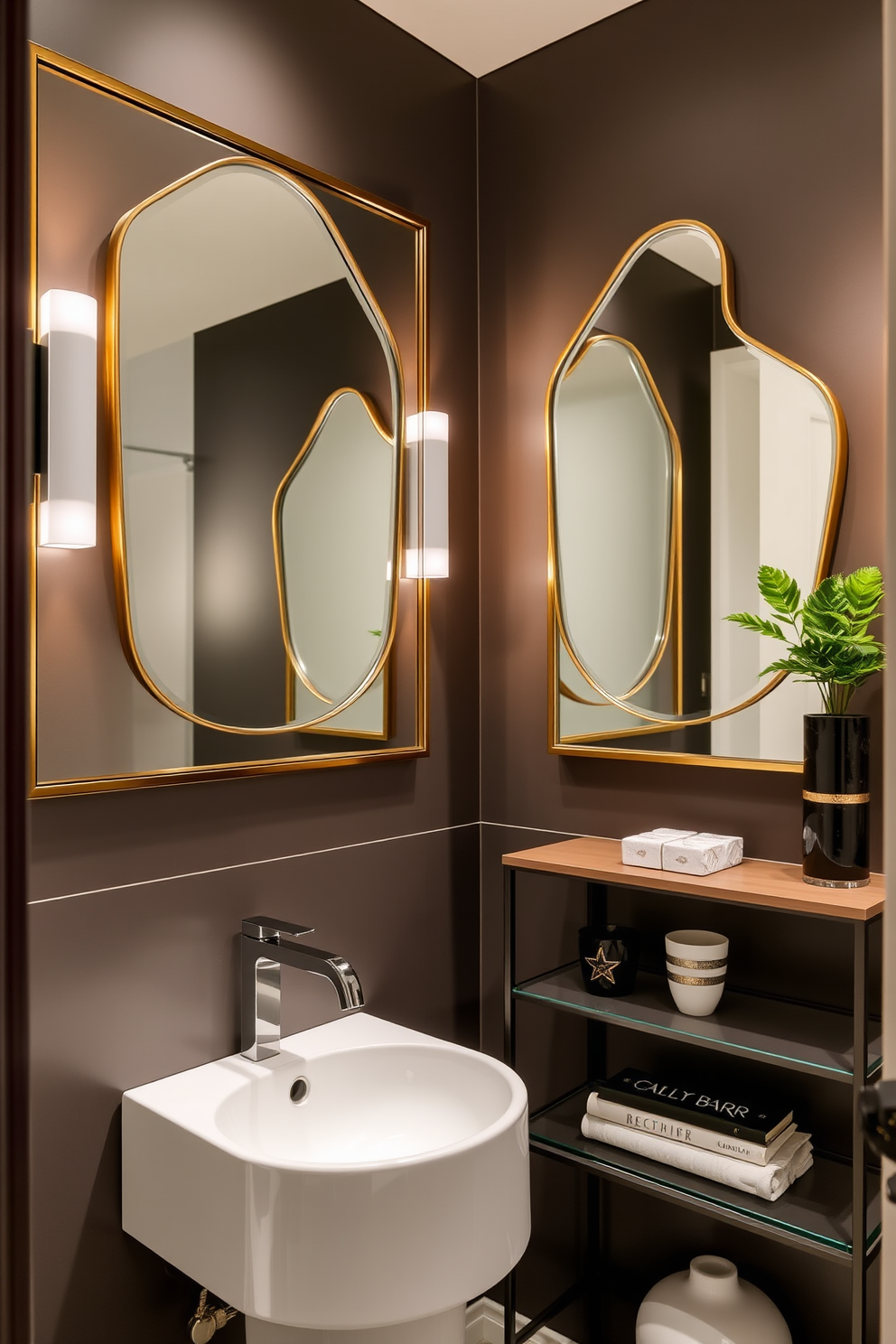 Framed mirrors with unique shapes create a focal point in a contemporary powder room. The space features a sleek pedestal sink paired with a stylish wall-mounted faucet, complemented by a vibrant backsplash. Soft ambient lighting highlights the artistic mirrors, enhancing the room's modern aesthetic. A minimalist shelving unit displays decorative items and fresh greenery, adding a touch of elegance to the design.