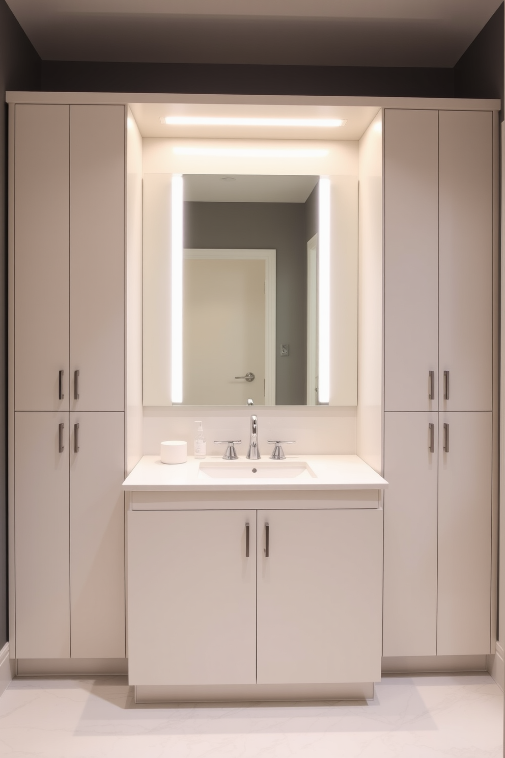 A contemporary powder room featuring bold wallpaper with vibrant prints that create a striking focal point. The space includes a sleek pedestal sink with a modern faucet and a large round mirror that enhances the room's brightness.