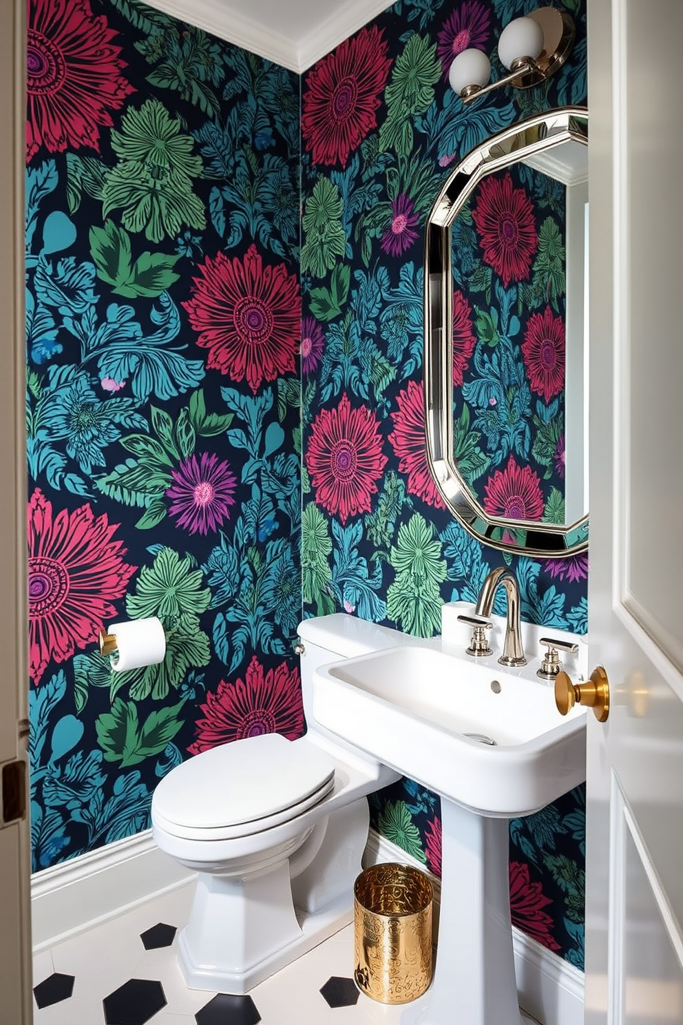 A contemporary powder room features vibrant wallpaper that showcases bold patterns and colors, instantly drawing attention to the space. The room includes a sleek pedestal sink and a stylish mirror that complements the striking wallpaper, creating an inviting atmosphere.