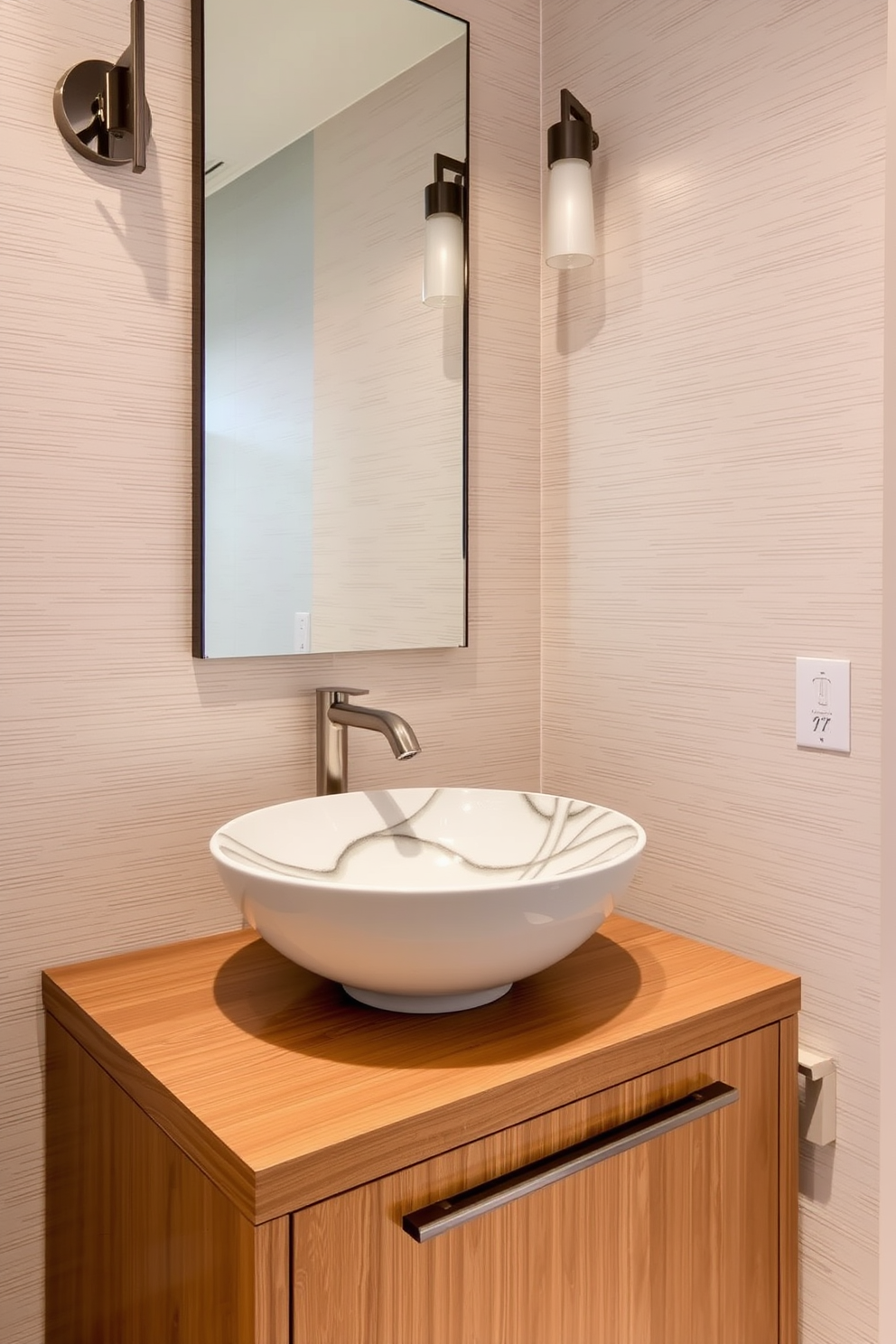 A unique vessel sink with an artistic design sits atop a sleek wooden vanity in a contemporary powder room. The walls are adorned with textured wallpaper in soft neutral tones, while modern lighting fixtures cast a warm glow over the space.