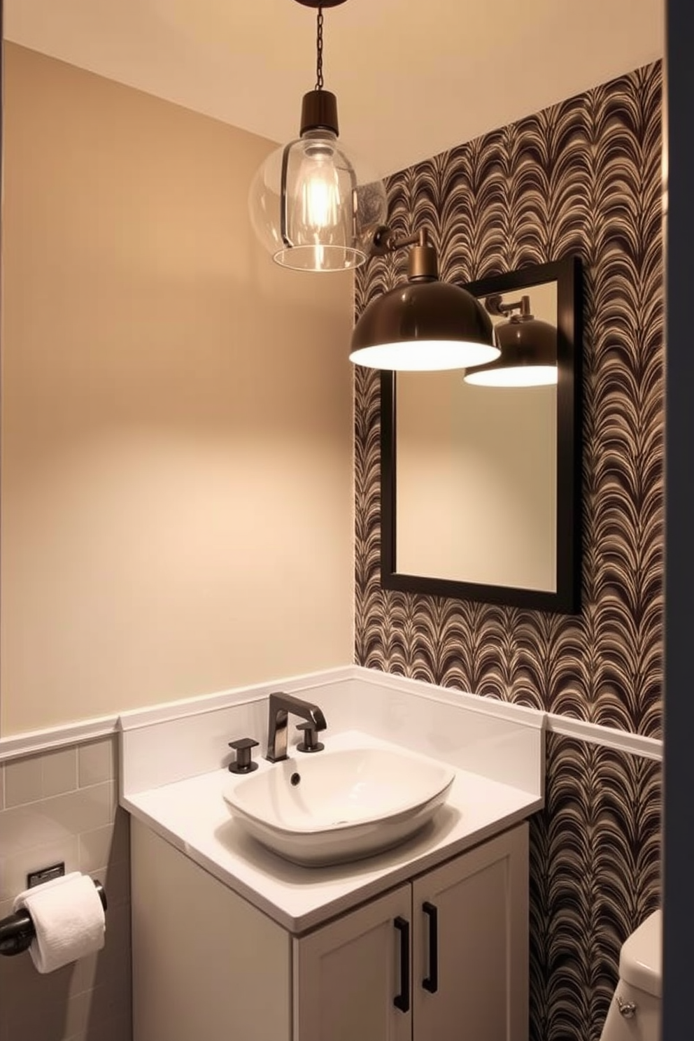 A contemporary powder room featuring dramatic pendant lighting that creates a warm and inviting atmosphere. The walls are adorned with a bold wallpaper pattern, and the sleek vanity complements the overall modern aesthetic.