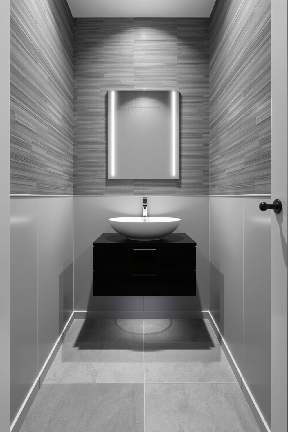 A contemporary powder room featuring a monochromatic color scheme. The walls are adorned with textured wallpaper in varying shades of gray, complemented by a sleek black vanity with a white vessel sink. The floor showcases large gray tiles with subtle texture, adding depth to the space. A minimalist mirror with integrated lighting hangs above the vanity, enhancing the modern aesthetic.