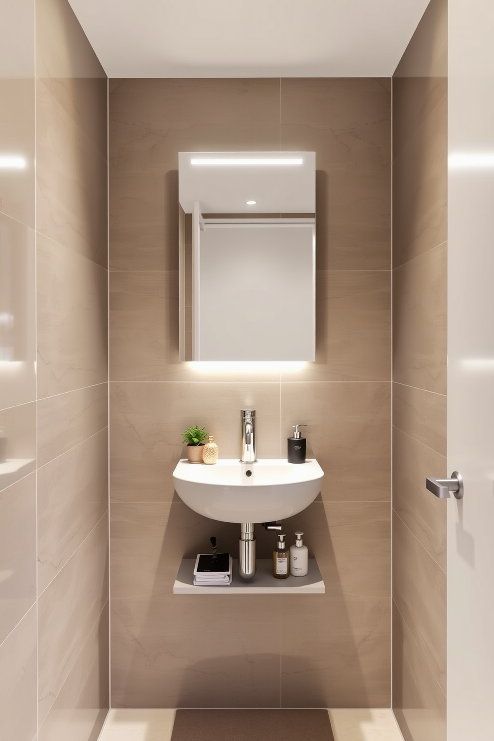 A stylish compact wall-mounted sink is the centerpiece of this contemporary powder room. The walls are adorned with sleek, modern tiles in a neutral color, creating an inviting atmosphere. The sink is complemented by a minimalist mirror with integrated lighting above it. A small shelf below the sink holds decorative items and essential toiletries, maximizing functionality without sacrificing style.