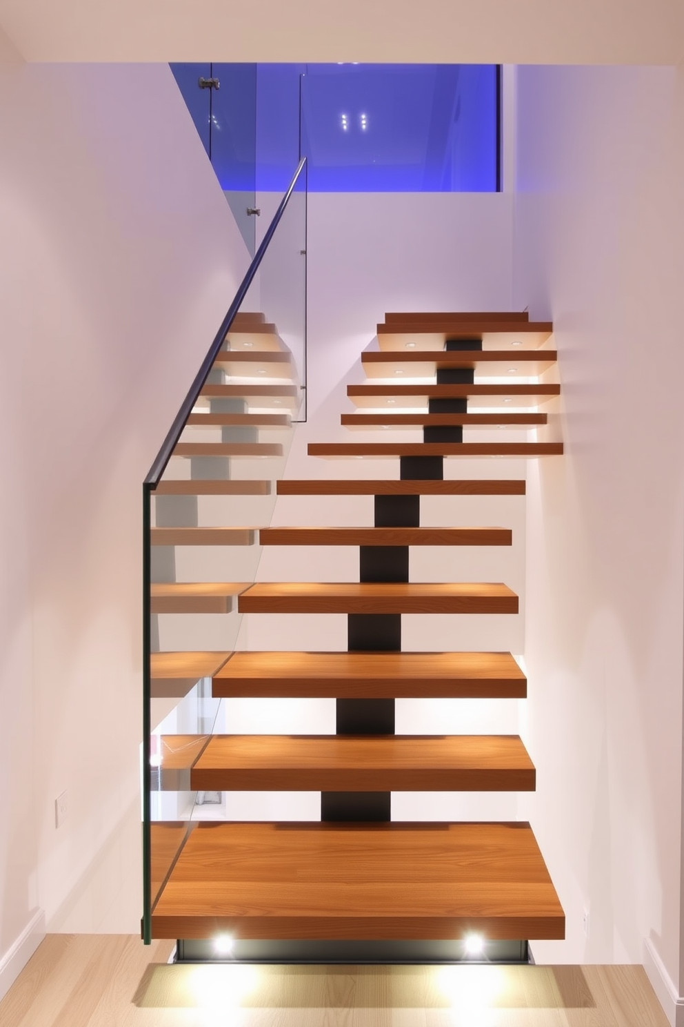 A contemporary staircase featuring floating glass treads that create a sense of openness and lightness. The sleek railings are made of brushed stainless steel, enhancing the modern aesthetic of the space.