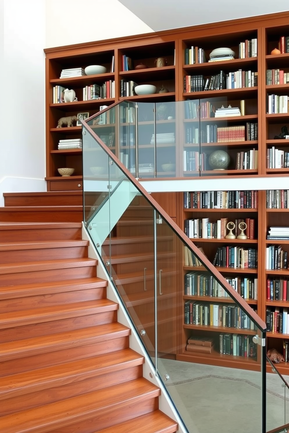 A contemporary staircase featuring sleek wooden steps with a glass railing. Built-in bookshelves line the wall beside the staircase, filled with an array of books and decorative items.