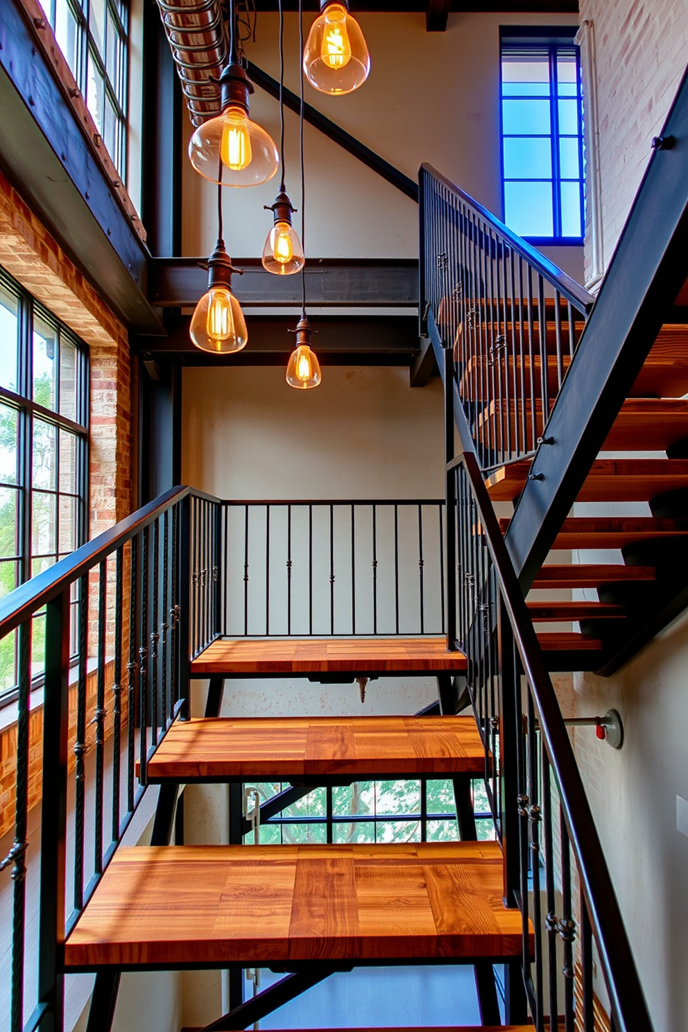 An industrial style staircase featuring exposed metal beams and reclaimed wood steps. The railing is crafted from black iron, complementing the rustic charm of the raw materials. The staircase is illuminated by pendant lights that hang from the ceiling, casting a warm glow. Large windows nearby allow natural light to flood the space, highlighting the textures of the materials used.