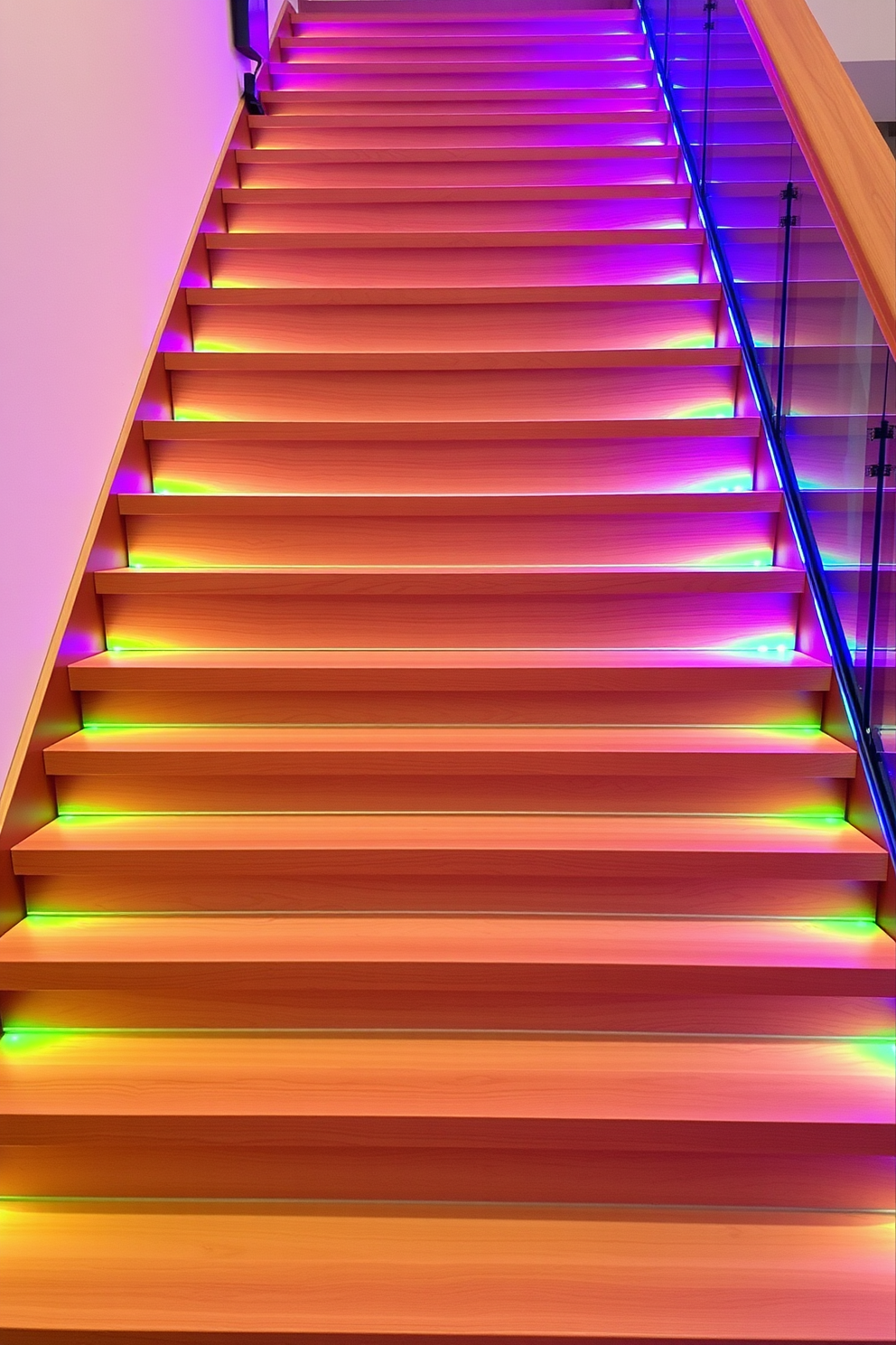 A contemporary staircase featuring sleek wooden steps with a polished finish. The staircase is illuminated by vibrant LED lights that change color, creating a dynamic and inviting atmosphere.