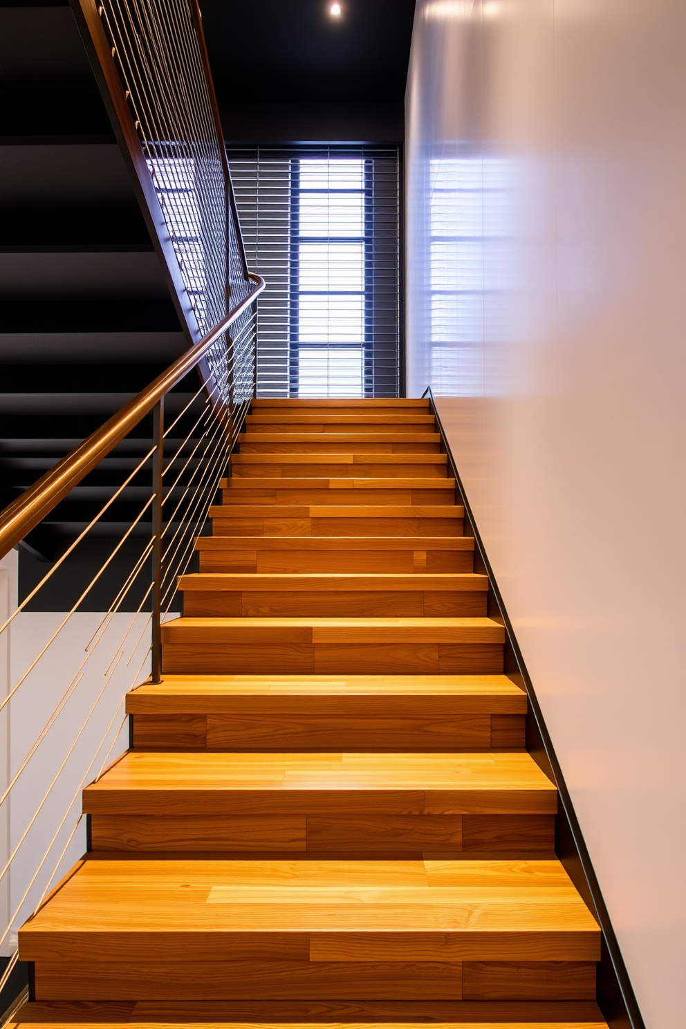 A contemporary staircase design featuring a combination of warm wood and sleek metal elements. The wooden steps are complemented by a minimalist metal railing, creating a striking contrast that enhances the overall aesthetic.