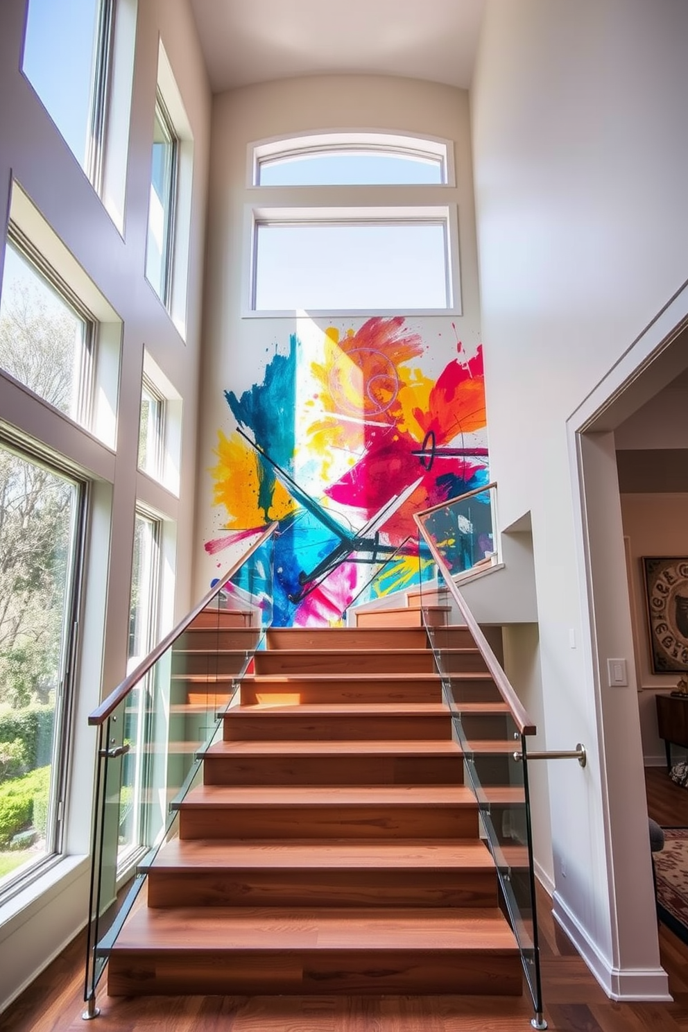 A stunning staircase features a vibrant artistic wall mural that captures the eye and adds a unique flair to the space. The staircase itself showcases sleek wooden steps with a glass railing, allowing the mural to be the focal point of the design. Natural light floods the area through large windows, enhancing the colors of the mural and creating a warm ambiance. The surrounding walls are painted in a soft neutral tone to complement the artwork and maintain a cohesive look throughout the home.