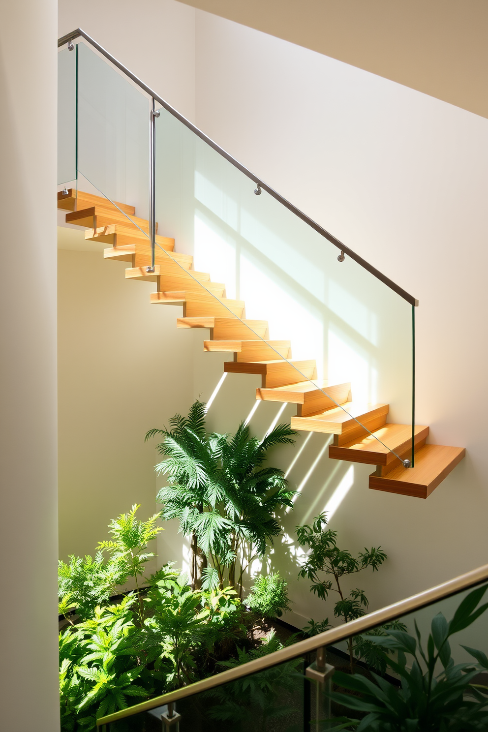 A stunning floating staircase features sleek wooden treads that appear to defy gravity. The LED underlighting casts a warm glow, highlighting the elegant lines and modern aesthetic of the design. Surrounding the staircase, the walls are adorned with minimalist artwork that complements the contemporary style. A glass railing enhances the openness of the space, creating a seamless transition between floors.