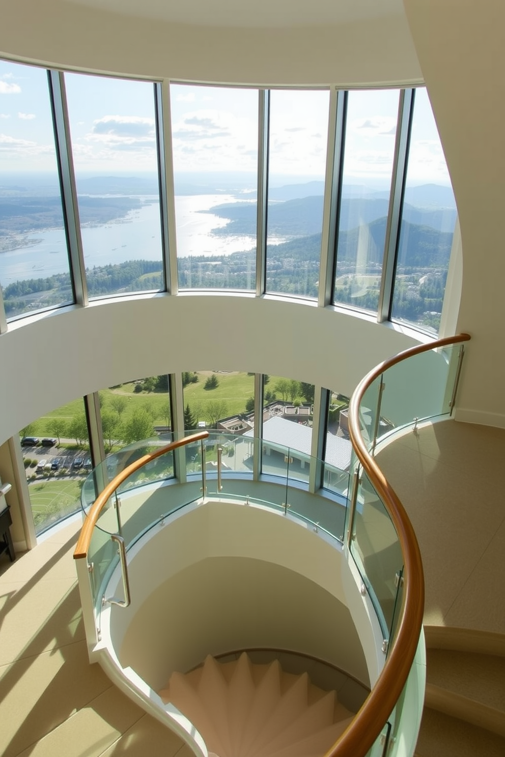 A sleek contemporary staircase features a glass railing that allows for unobstructed views of the surrounding space. The staircase is crafted with polished wood steps that contrast beautifully with the minimalist glass panels, creating an elegant and airy atmosphere.