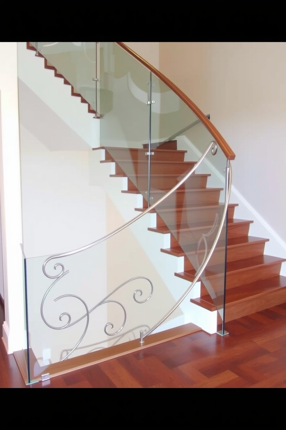 A contemporary staircase featuring a custom decorative railing that elegantly curves along the side. The steps are made of rich hardwood, complemented by a sleek glass balustrade that enhances the open feel of the space.