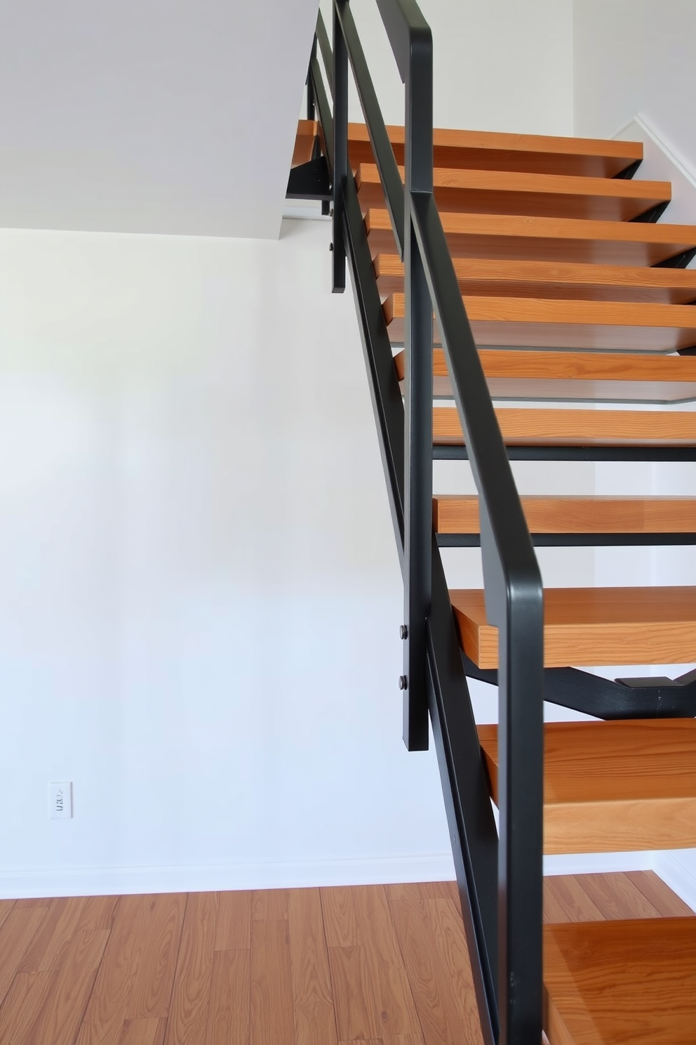 A contemporary staircase features floating wooden treads that create an airy and open feel. The sleek steel support structure adds a modern touch while ensuring stability and safety.