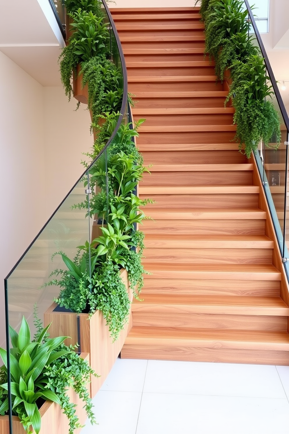 A contemporary staircase featuring integrated planters along the sides. The staircase has sleek wooden steps and a glass railing, with lush greenery spilling over the edges of the planters.