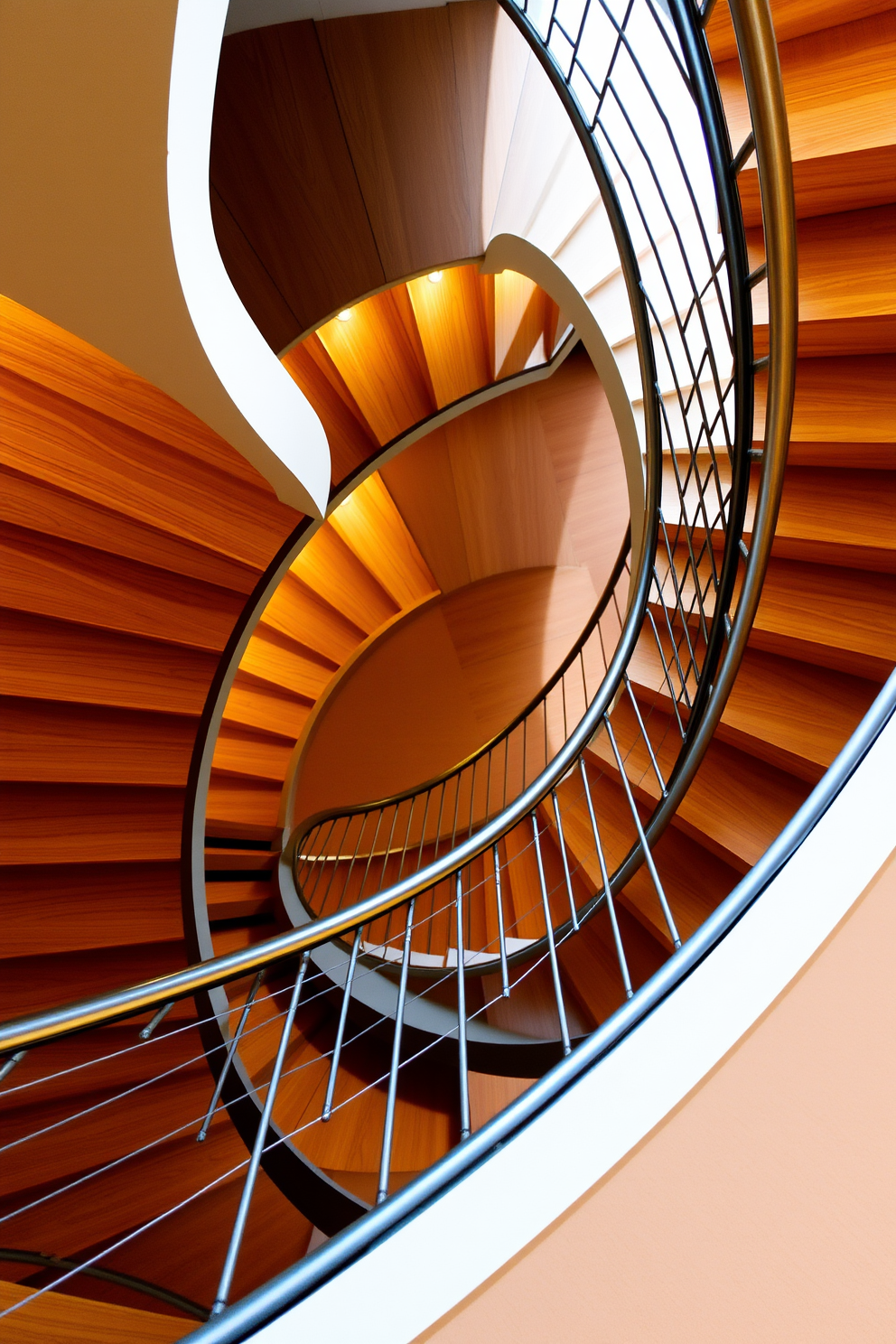 A spiral staircase with elegant wooden accents that gracefully winds upwards. The stairs are complemented by a sleek metal railing, creating a modern yet warm atmosphere.